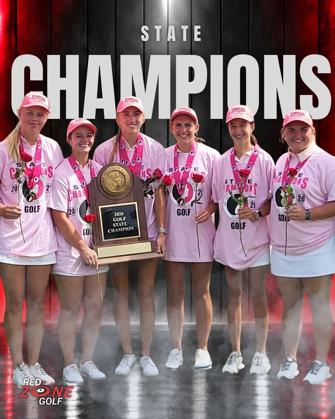 Six golfers celebrating their 2026 team state championship with medals and a trophy